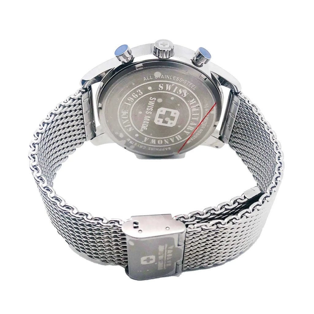 An image of a Wristwatch by Swiss Military Hanowa. This Display Model item is designed for Men, featuring a Dress/Formal style. It has a Quartz movement and an Analog display with a White dial color. The indices include 12-Hour Dial,Seconds Hand,Stick Indexes. The band is made of Stainless Steel,Mesh and the case is made of Stainless Steel. The watch has a Round shape with a case size of 44 mm and a case thickness of 10 mm.