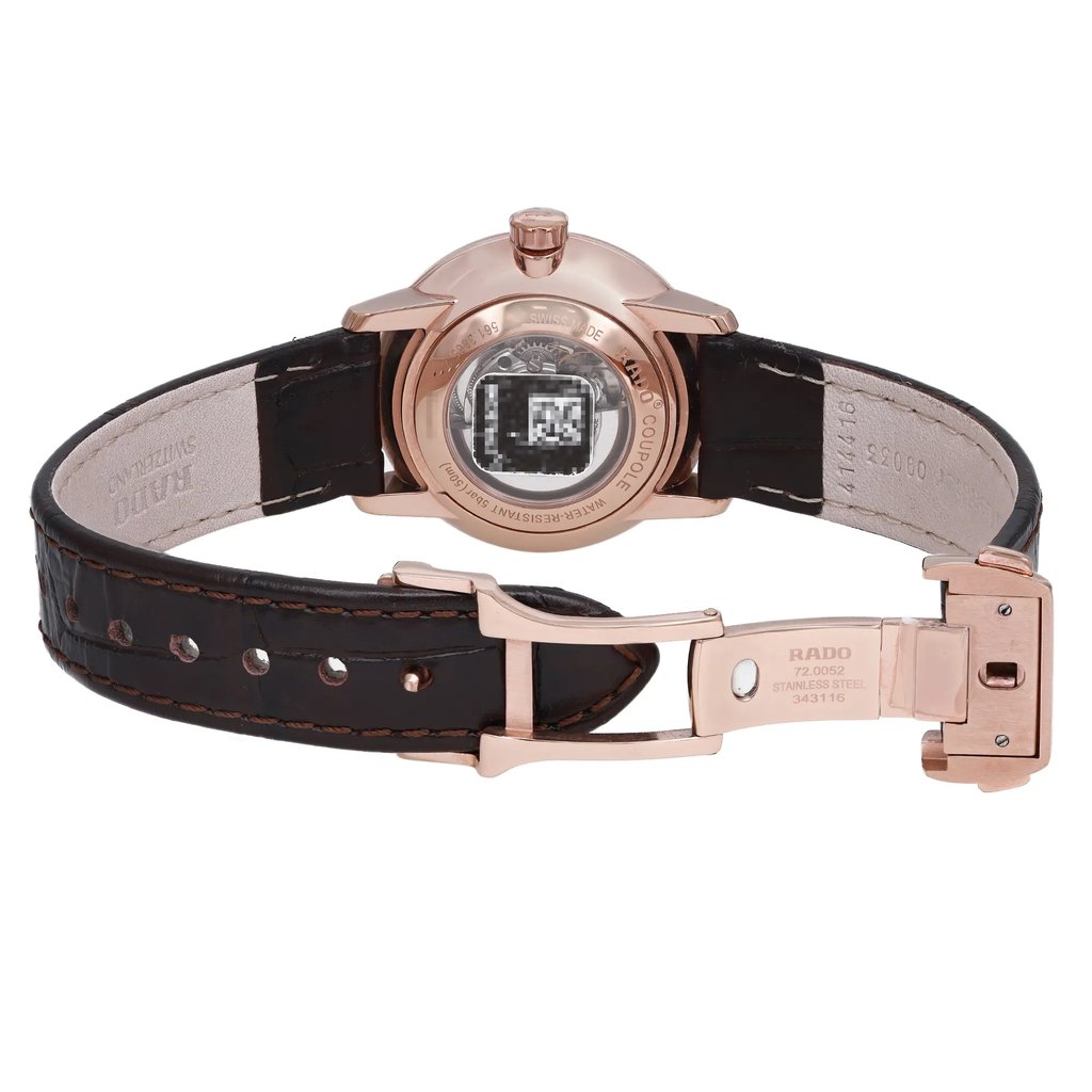 Back View Of Exhibition Back Case And Open Leather Band Of Rado R22865765 Watch Pre Owned Condition