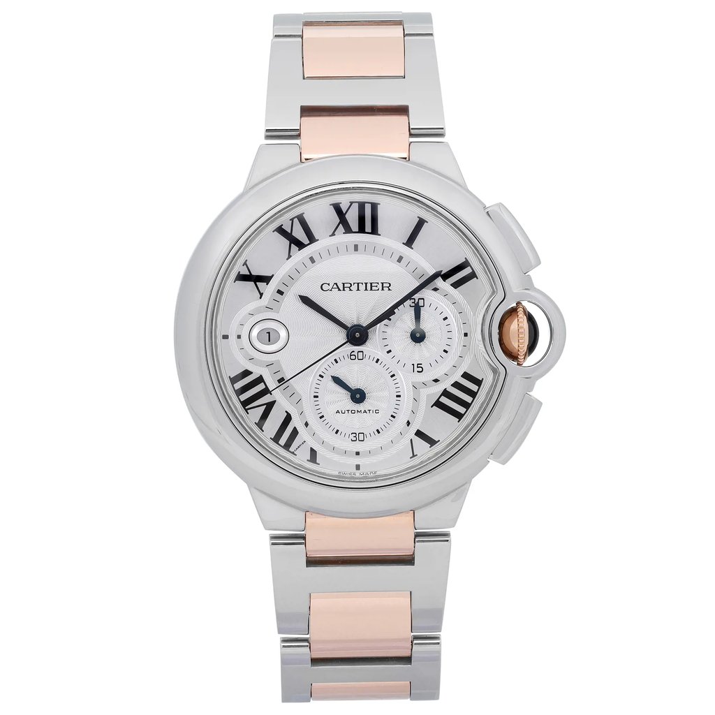An image of a pre-owned Cartier men's wristwatch in excellent condition, presented in a front full frontal view at a close distance. It features a round stainless steel case with a silver dial and steel bezel. The watch has a dress/formal, luxury style with Roman numerals as indices and a 12-hour dial. It includes a chronograph, date indicator, and a small seconds subdial. The band is made of stainless steel and solid gold, adding to the watch's elegant appearance.