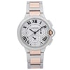 An image of a pre-owned Cartier men's wristwatch in excellent condition, presented in a front full frontal view at a close distance. It features a round stainless steel case with a silver dial and steel bezel. The watch has a dress/formal, luxury style with Roman numerals as indices and a 12-hour dial. It includes a chronograph, date indicator, and a small seconds subdial. The band is made of stainless steel and solid gold, adding to the watch's elegant appearance.