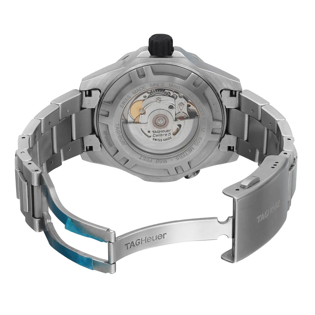 Back View Of Exhibition Back Case And Open Stainless Steel Band Of TAG Heuer WAJ211A.BA0870 Watch Pre Owned Condition
