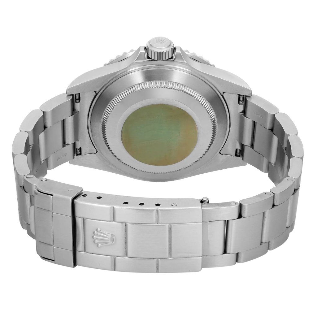 An image of a pre-owned wristwatch showcasing the back view. The focus is on the closed clasp and the back of the watch case, highlighted by the stainless steel bracelet. The angle is straight on, capturing the full width of the band, with the watch positioned centrally. The image is taken from a close distance to emphasize the details of the clasp and case back.