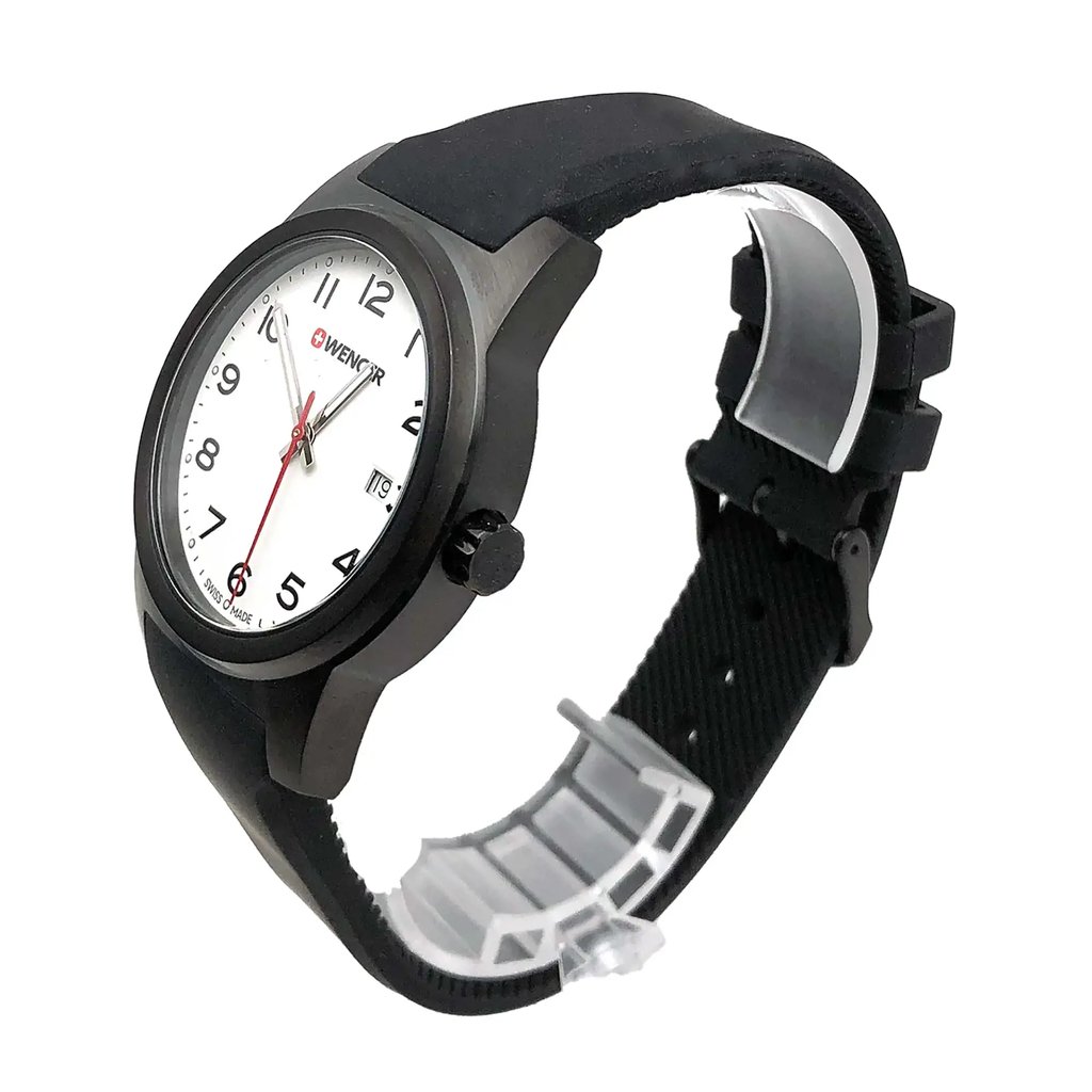 View Of Crown Facing Side Of Wenger 01.0441.150 Stainless Steel Watch Display Model Condition