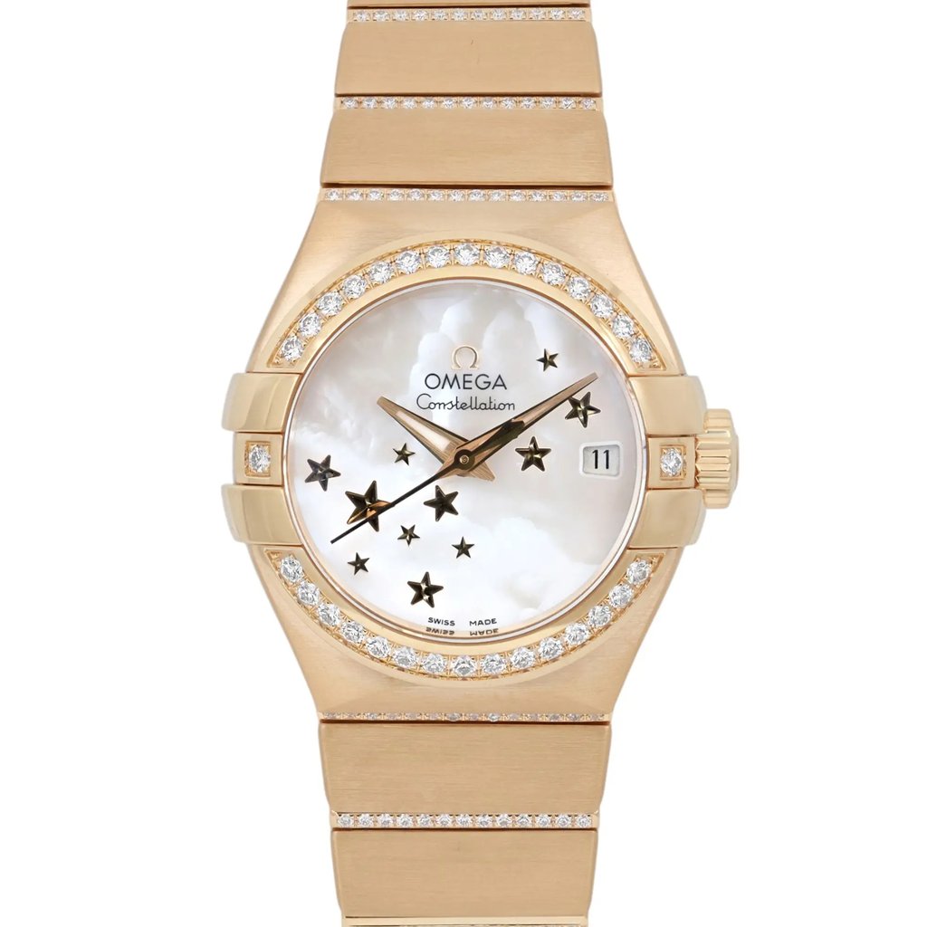 Up Close Front Facing Picture Of OMEGA 123.55.27.20.05.002 Yellow Gold Watch New Condition