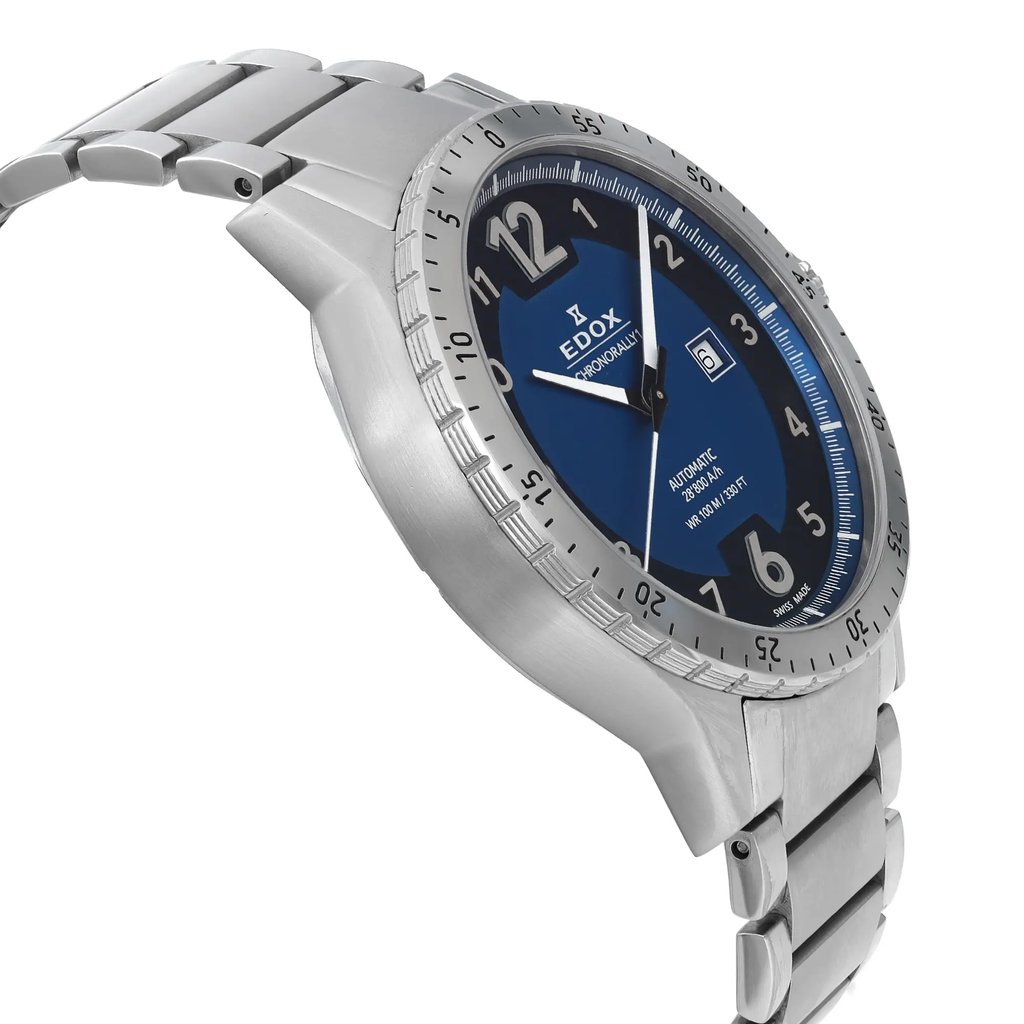View Of Opposite Crown Facing Side Of Edox 80094-3NM-BU1 Stainless Steel Watch Pre Owned Condition
