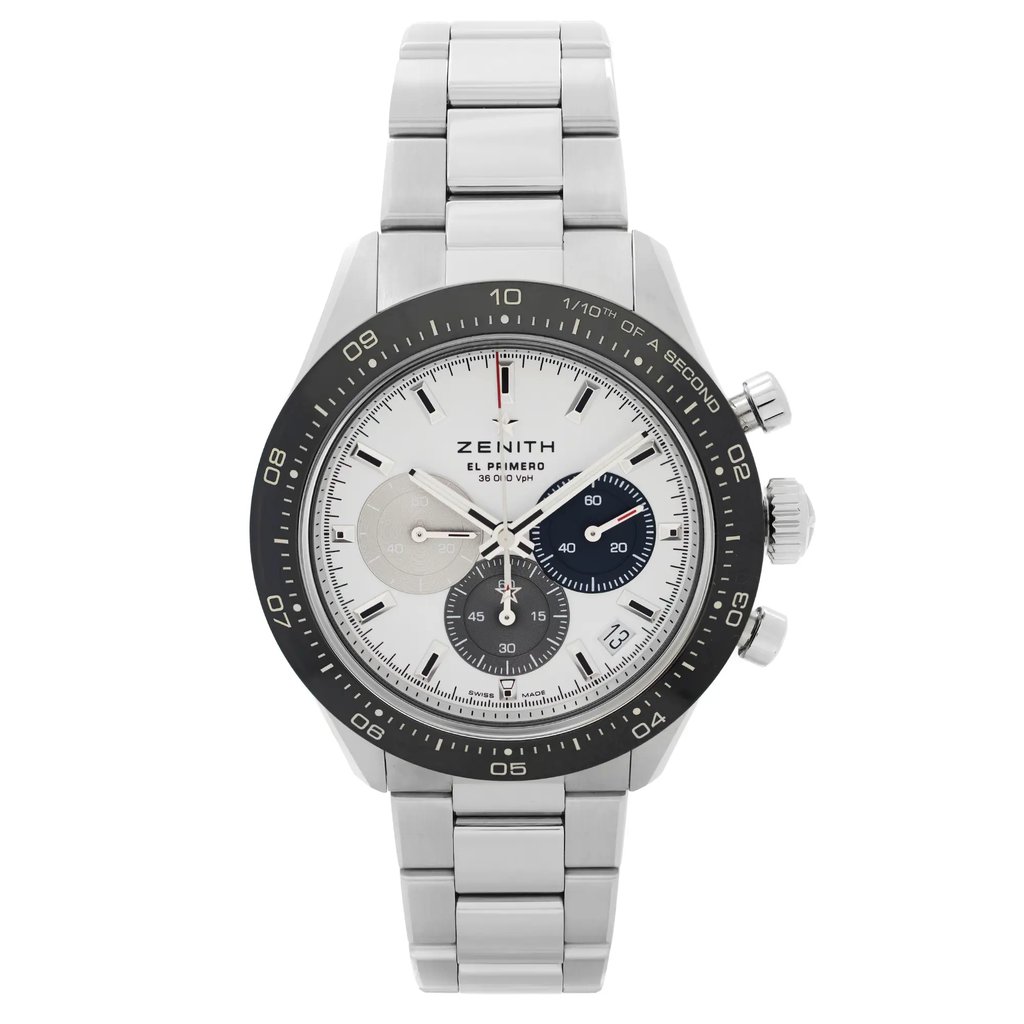 Front Full View Of Zenith 03.3100.3600/69.M3100 Stainless Steel Watch Unworn Condition {Product Condition}