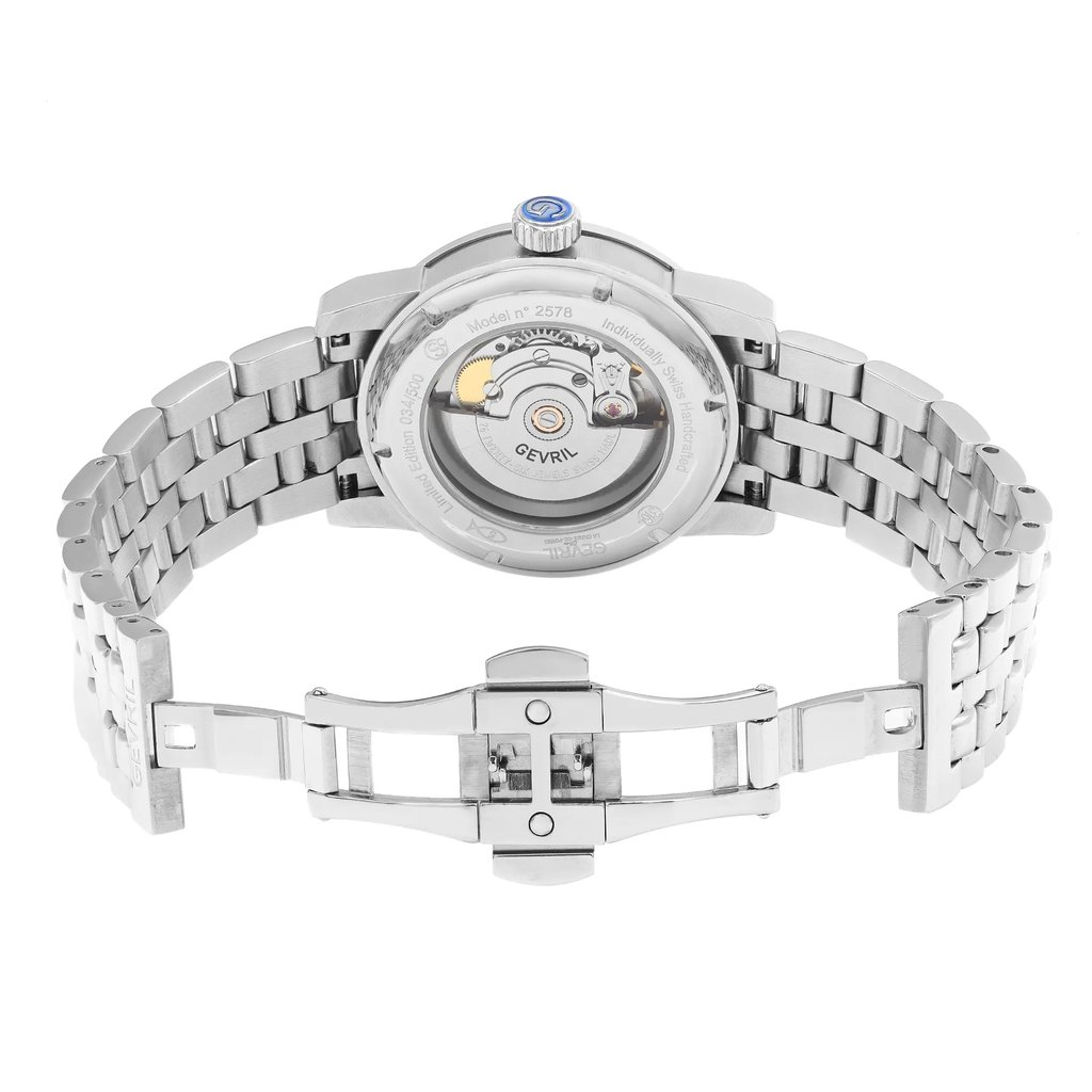 Back View Of Exhibition Back Case And Open Stainless Steel Band Of Gevril 2578 Watch Display Model Condition