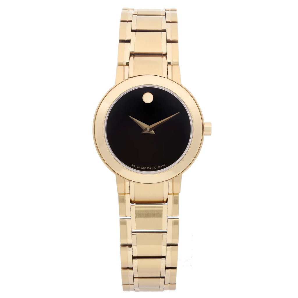 An image of a wristwatch displayed from a front full frontal view. The watch features a sleek black dial with gold hands and a minimalist design, set within a polished gold case. The unworn timepiece has a matching gold bracelet, showcasing its pristine condition. The angle captures the watch directly from the front, highlighting its elegant and sophisticated design.