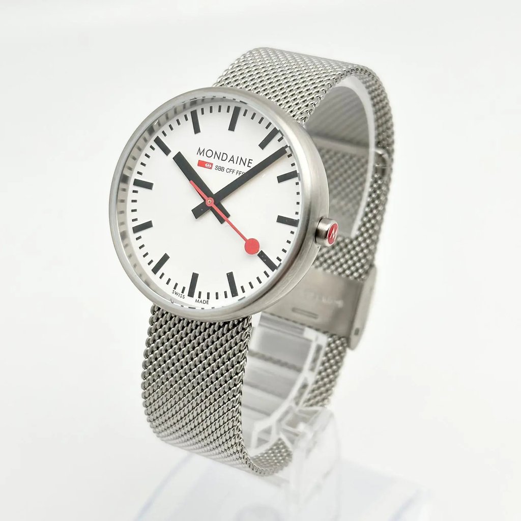 View Of Opposite Crown Facing Side Of Mondaine A763.30362.11SBM Stainless Steel Watch Display Model Condition