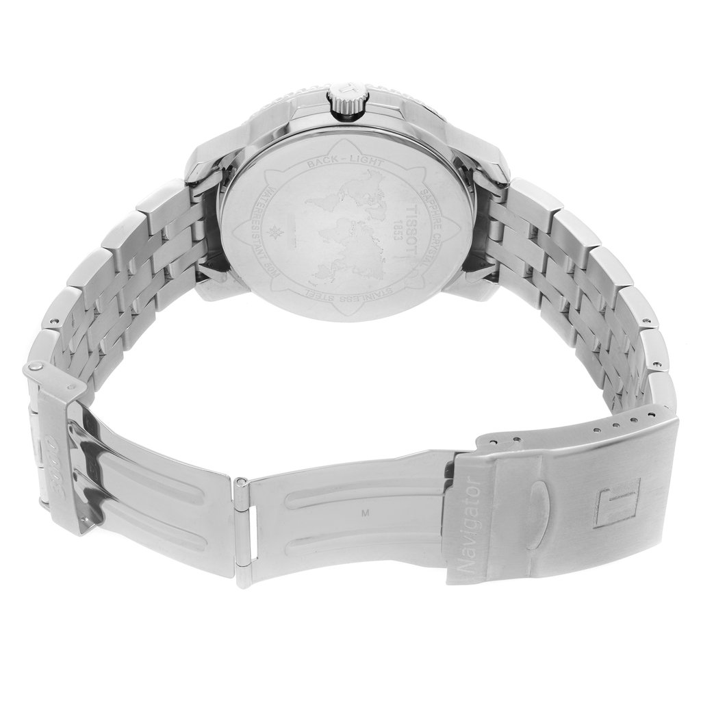 Back View Of Snap Back Case And Open Stainless Steel Band Of Tissot T96.1.488.52 Watch Pre Owned Condition