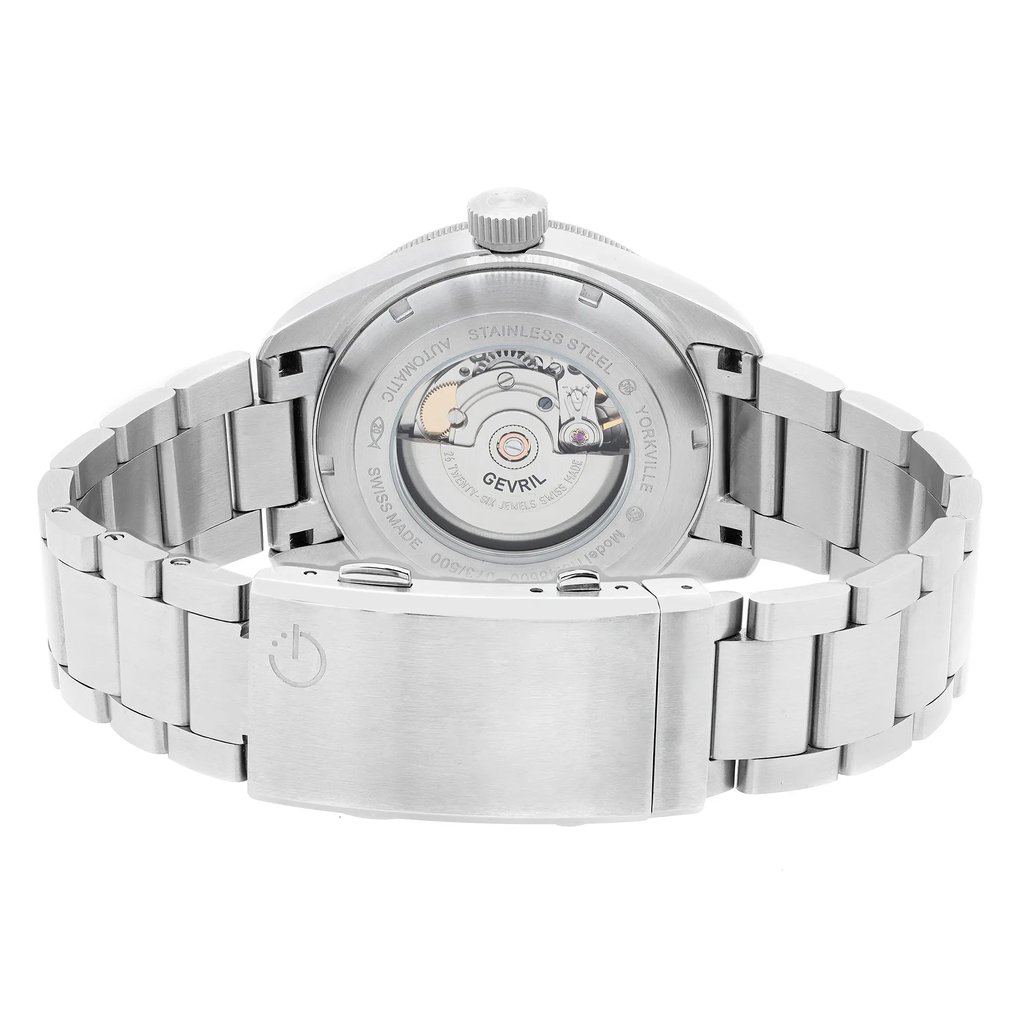 Back View Of Exhibition Back Case And Closed Stainless Steel Band Of Gevril 48606 Watch Display Model Condition