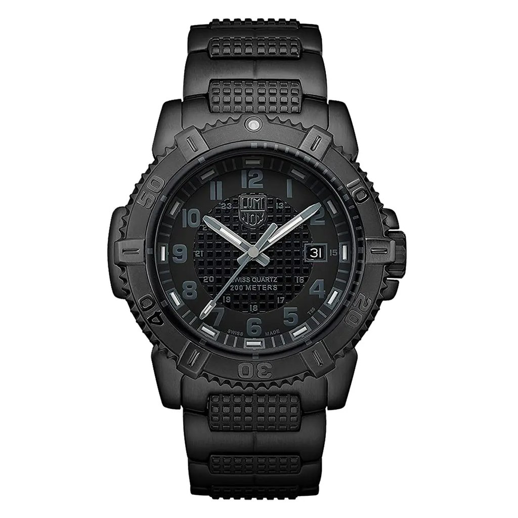 An image of a Wristwatch by Luminox. This Display Model item is designed for Men, featuring a Diver style. It has a Quartz movement and an Analog display with a Black dial color. The indices include 12-Hour Dial,Arabic Numerals. The band is made of Stainless Steel and the case is made of Stainless Steel. The watch has a Round shape with a case size of 45 mm and a case thickness of 14 mm.