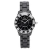 An image of a Wristwatch by Dior. This Display Model item is designed for Women, featuring a Luxury style. It has a Quartz movement and an Analog display with a Black dial color. The indices include 12-Hour Dial,Stick Indexes. The band is made of Ceramic and the case is made of Ceramic. The watch has a Round shape with a case size of 33 mm and a case thickness of 10 mm.