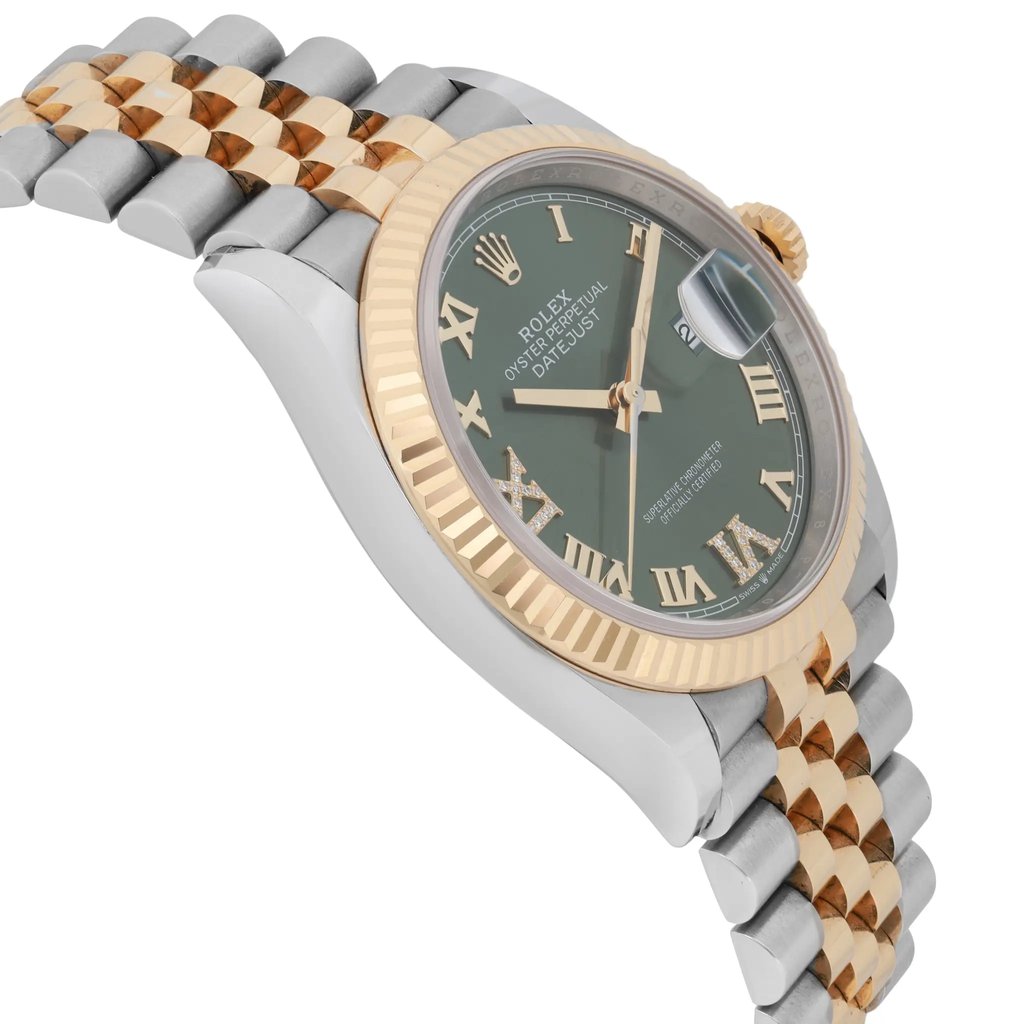An image of a pre-owned men's Rolex wristwatch positioned at a slight angle, showcasing its two-tone stainless steel band. The watch face is angled slightly to the right, highlighting its green dial with Roman numerals, luminous hands, and a date indicator. The image is taken from a close distance, emphasizing the watch's intricate details and craftsmanship.