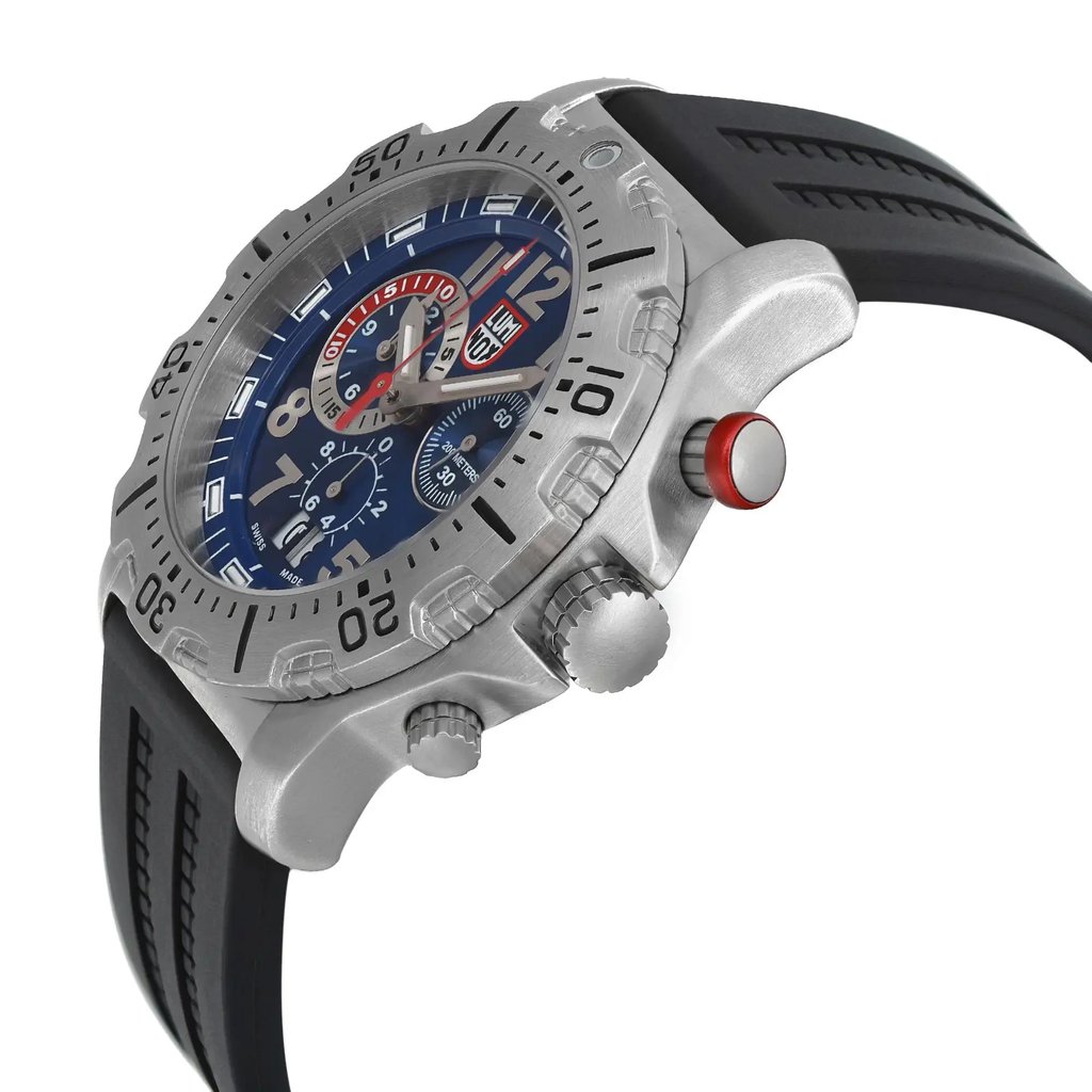 An image of a Wristwatch by Luminox. This Display Model item is designed for Men, featuring a Casual,Classic,Diver,Dress/Formal,Military,Sport style. It has a Quartz movement and an Analog display with a Blue dial color. The indices include 12-Hour Dial,Arabic Numerals,Easy to Read/Large Numerals,Multi Dial. The band is made of Rubber and the case is made of Stainless Steel. The watch has a Round shape with a case size of 44 mm and a case thickness of 13 mm.