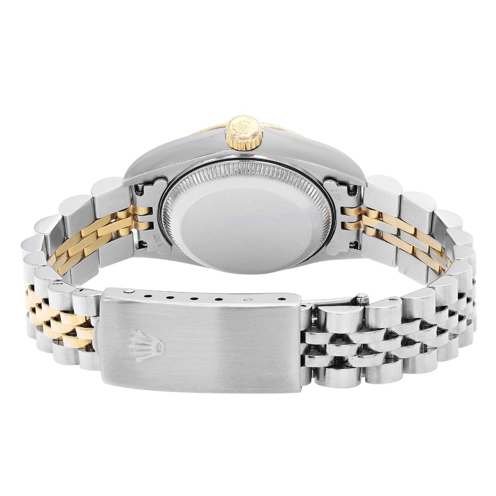 Back View Of Screwback Back Case And Closed Stainless and Solid Gold Band Of Rolex 69173 Watch Pre Owned Condition