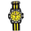 An image of a Wristwatch by Luminox. This Display Model item is designed for Men, featuring a Casual,Diver style. It has a Quartz movement and an Analog display with a Yellow dial color. The indices include 12-Hour Dial,Arabic Numerals,Easy to Read/Large Numerals. The band is made of Nylon and the case is made of Carbon. The watch has a Round shape with a case size of 44 mm and a case thickness of 13 mm.
