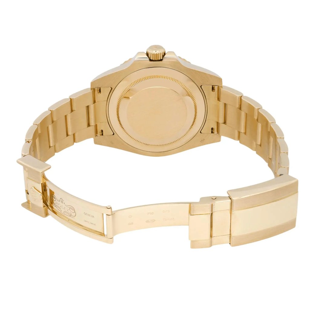 Back View Of Solid Back Case And Open Yellow Gold Band Of Rolex 116718LN-0001 Watch Pre Owned Condition