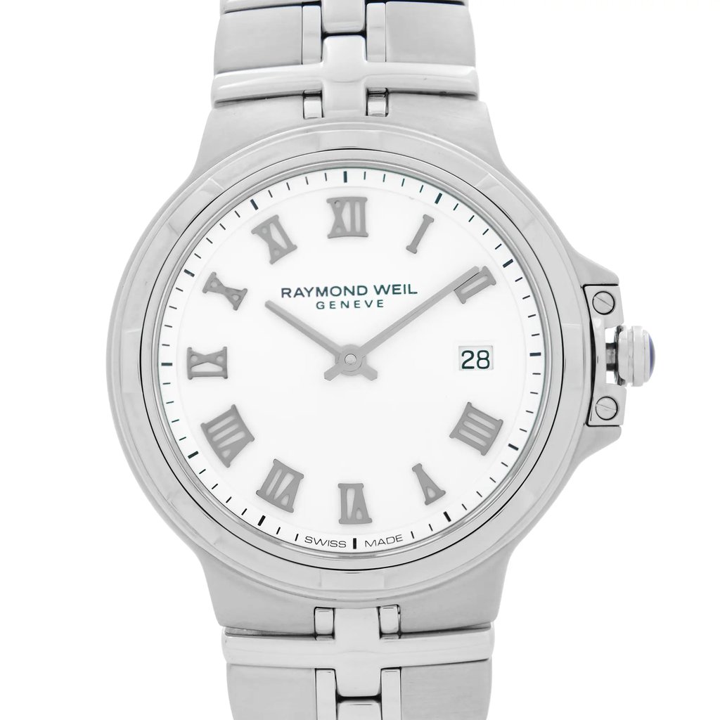 Up Close Front Facing Picture Of RAYMOND WEIL 5180-ST-00300 Stainless Steel Watch Unworn Condition