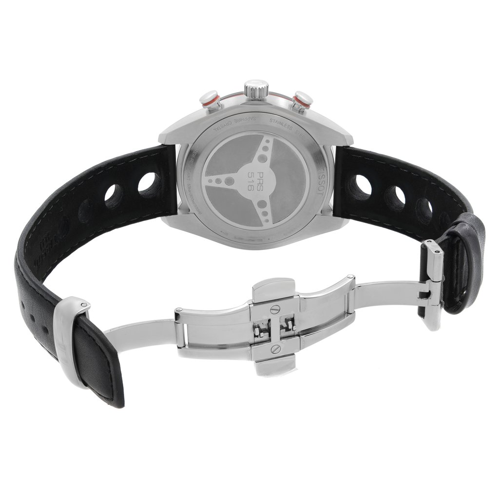Back View Of Solid Back Case And Open Leather Band Of Tissot T100.417.16.051.00 Watch New With Defects Condition