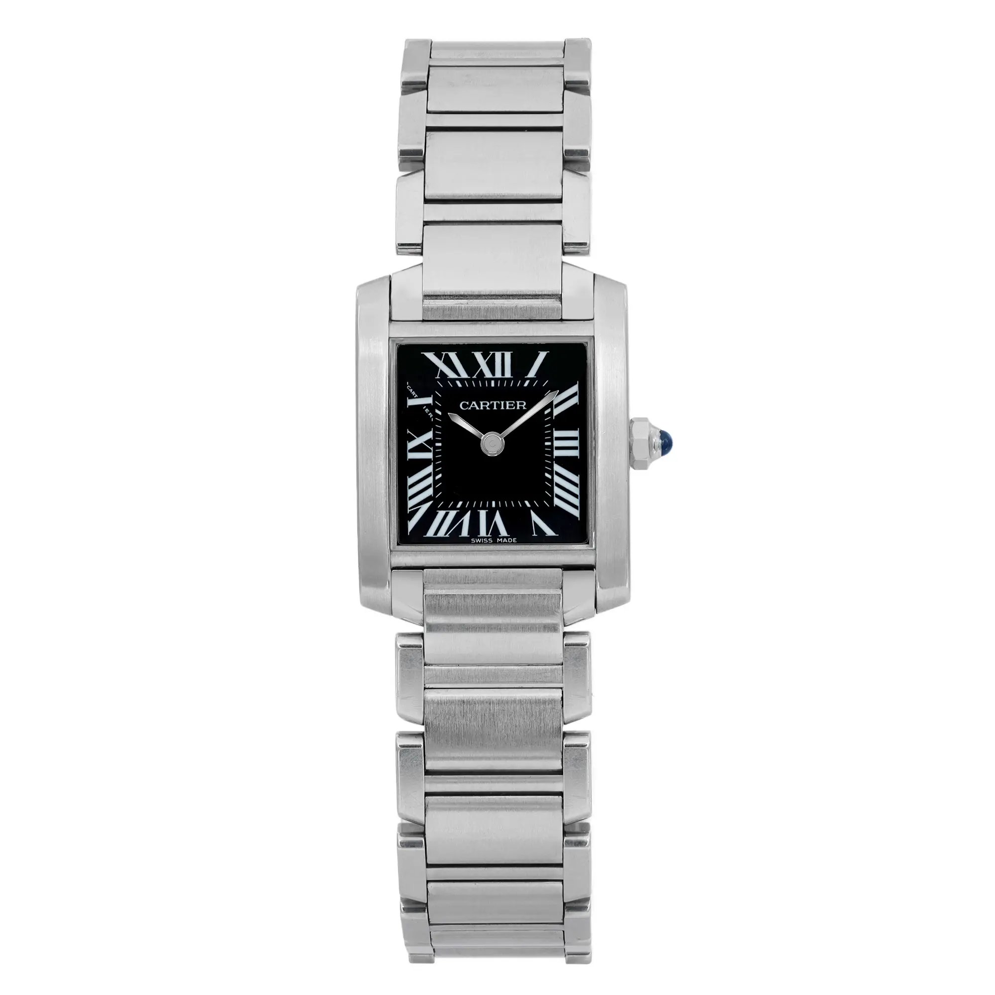 An image of a pre-owned wristwatch captured from a front full frontal view. The watch features a rectangular face with a black dial and Roman numerals. It has a silver metal bracelet, and the image is taken at a close distance, highlighting the watch’s detail and craftsmanship.