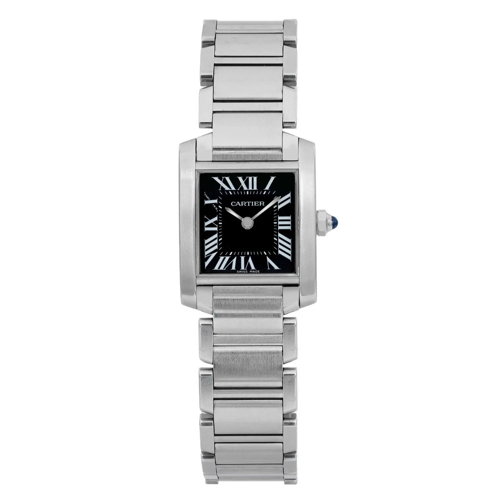 An image of a pre-owned wristwatch captured from a front full frontal view. The watch features a rectangular face with a black dial and Roman numerals. It has a silver metal bracelet, and the image is taken at a close distance, highlighting the watch’s detail and craftsmanship.