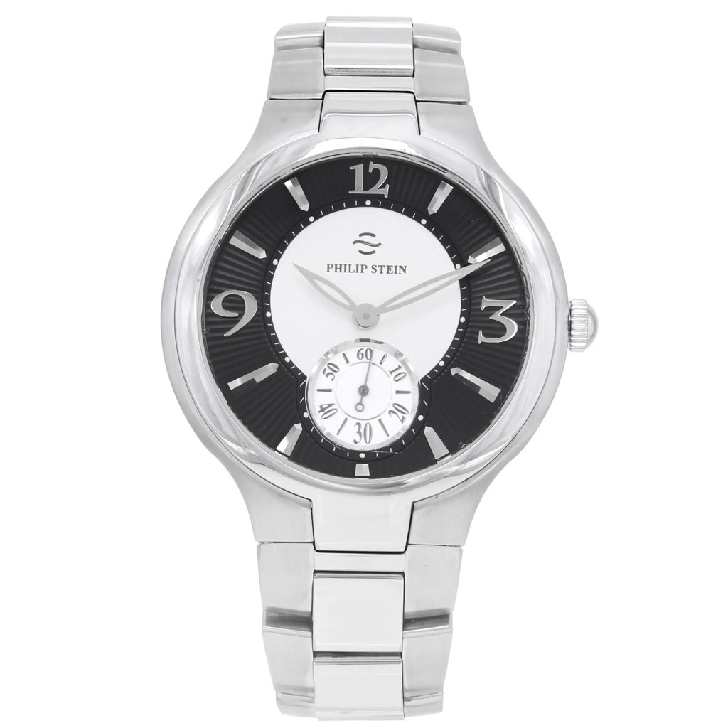 An image of a Wristwatch by Philip Stein. This Pre Owned item is designed for Men, featuring a Classic style. It has a Quartz movement and an Analog display with a Silver/Black dial color. The indices include Sticks & Numerals. The band is made of Stainless Steel and the case is made of Stainless Steel. The watch has a Round shape with a case size of 42 mm and a case thickness of 10 mm.