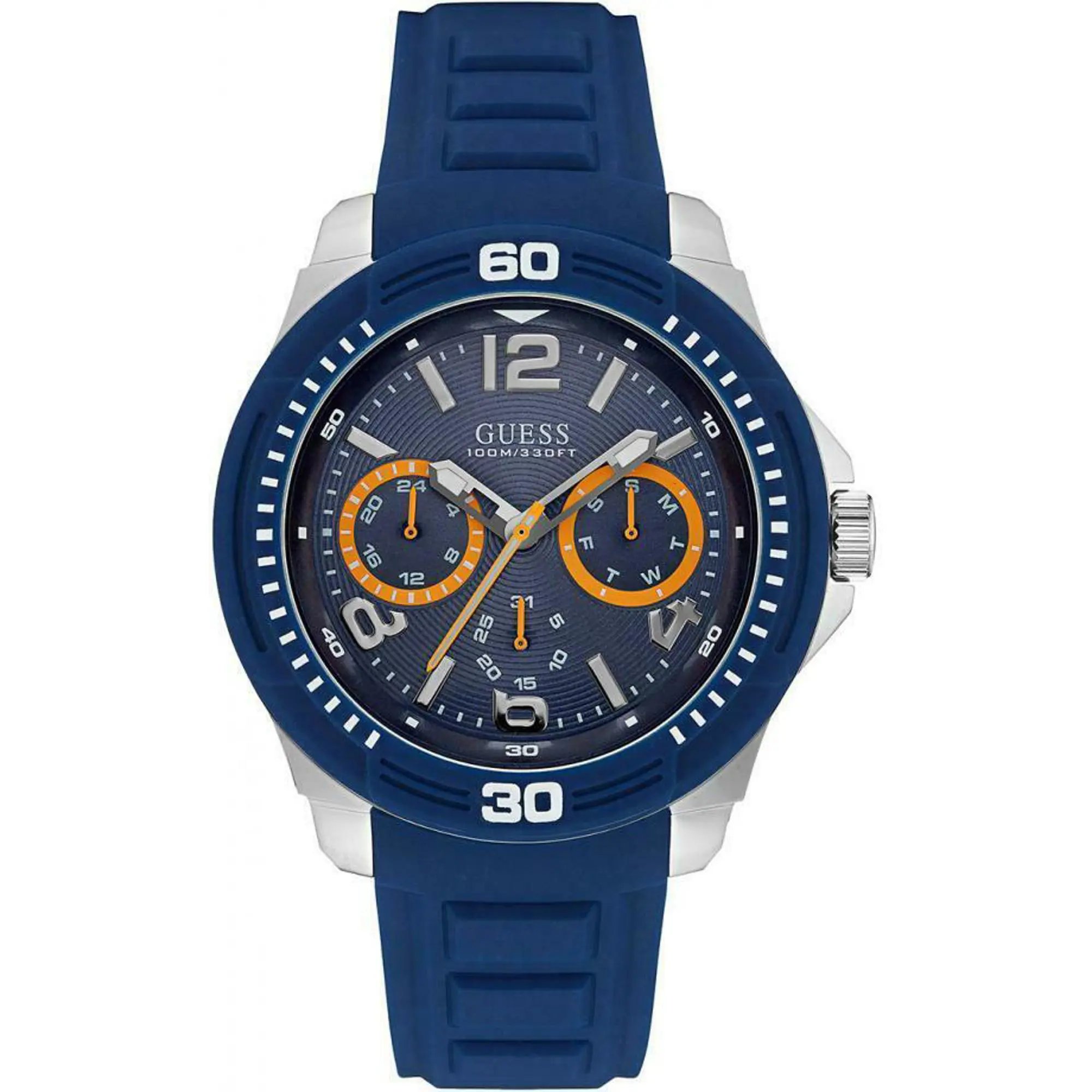 An image of a Wristwatch by GUESS. This Display Model item is designed for Men, featuring a Casual style. It has a Quartz movement and an Analog display with a Blue dial color. The indices include 12-Hour Dial,Arabic Numerals,Multi Dial,Stick Indexes. The band is made of Silicone and the case is made of Stainless Steel. The watch has a Round shape with a case size of 46 mm and a case thickness of 14 mm.
