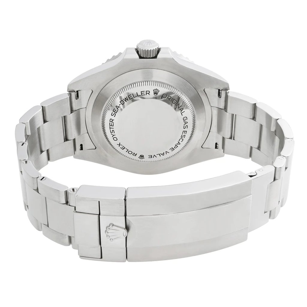 Back View Of Solid Back Case And Closed Stainless Steel Band Of Rolex 126600 Watch Display Model Condition