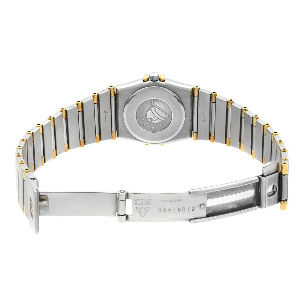 Back View Of {Caseback} Back Case And Open Stainless and Solid Gold Band Of OMEGA 795.108 Watch Pre Owned Condition