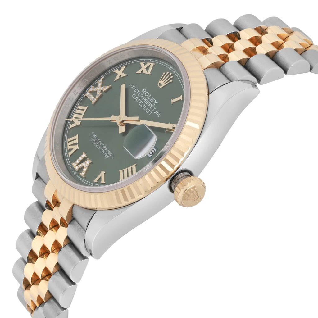 An image of a pre-owned men's Rolex wristwatch, viewed from a slightly angled side perspective. The watch features a two-tone metal bracelet with alternating gold and stainless steel links. The face is gray with Roman numerals, a date indicator, and luminous hands. The gold bezel is fluted, and the crown is visible on the right side. The angle highlights the watch's elegant design and craftsmanship.