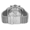 An image of a pre-owned Breitling men's wristwatch in stainless steel, viewed from the back. The screwback caseback is centered and prominently features the engraved Breitling logo and text, with the fold-over clasp with flip lock safety of the stainless steel band in the foreground. The watch is round in shape and positioned at a direct angle to the camera. Visible signs of wear include minor nicks on the case and case back. The distance from the camera allows for a clear view of the entire back side of the watch and clasp.