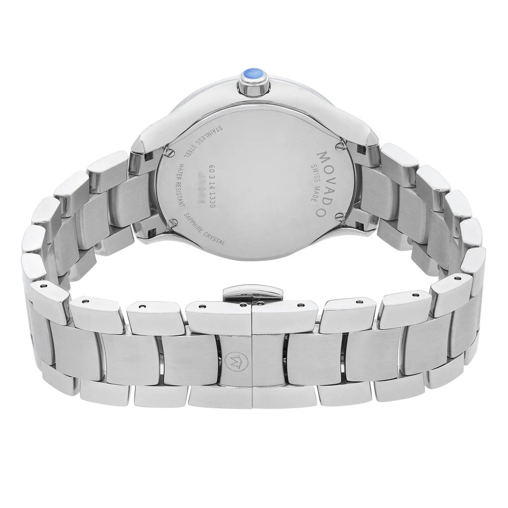 Back View Of Screwback Back Case And Closed Stainless Steel Band Of Movado 0606978 Watch Display Model Condition