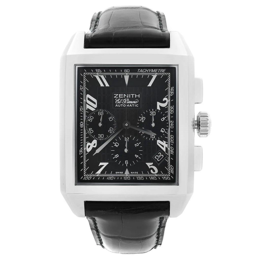 An image of a Wristwatch by Zenith. This Pre Owned item is designed for Men, featuring a Luxury style. It has a Mechanical (Automatic) movement and an Analog display with a Black dial color. The indices include 12-Hour Dial,Arabic Numerals,Multi Dial. The band is made of Leather and the case is made of Stainless Steel. The watch has a Rectangle shape with a case size of 36 mm and a case thickness of 13 mm.