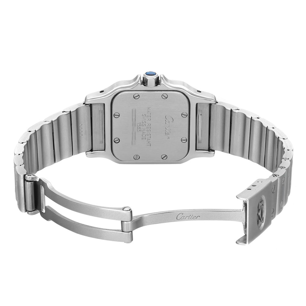An image of a pre-owned Cartier women's wristwatch, presented in a back view with an open double-locking fold-over clasp. The watch has a square stainless steel case with a screwback, visible from a direct overhead angle. The band, also made of stainless steel, shows minor signs of wear. The Cartier logo is subtly engraved on the clasp, and the watch is positioned centrally in the frame with a medium distance from the camera, allowing for clear visibility of the watch's details.