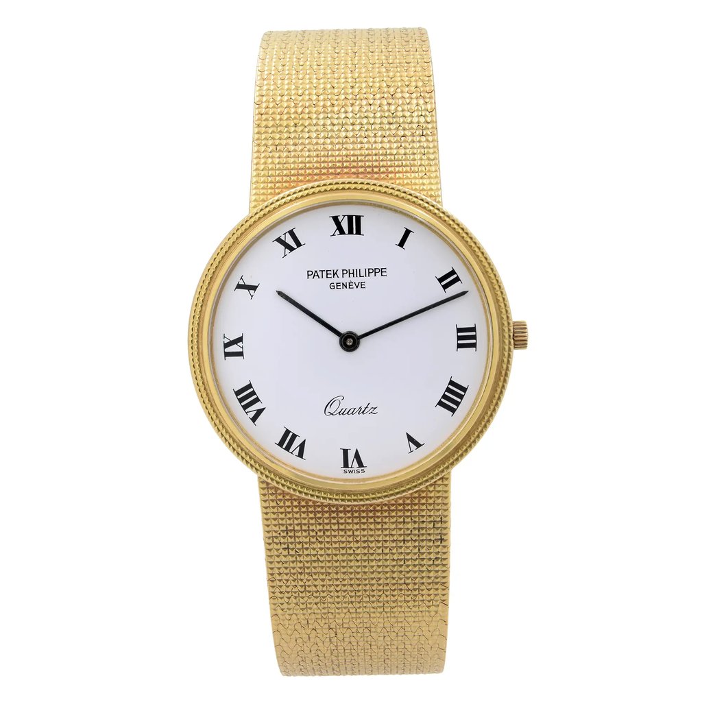 An image of a Wristwatch by Patek Philippe. This Pre Owned item is designed for Unisex Adult, featuring a Dress/Formal style. It has a Quartz movement and an Analog display with a White dial color. The indices include 12-Hour Dial,Roman Numerals. The band is made of Yellow Gold and the case is made of Yellow Gold. The watch has a Round shape with a case size of 33 mm and a case thickness of 6 mm.