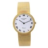 An image of a Wristwatch by Patek Philippe. This Pre Owned item is designed for Unisex Adult, featuring a Dress/Formal style. It has a Quartz movement and an Analog display with a White dial color. The indices include 12-Hour Dial,Roman Numerals. The band is made of Yellow Gold and the case is made of Yellow Gold. The watch has a Round shape with a case size of 33 mm and a case thickness of 6 mm.