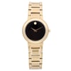 An image of a wristwatch displayed from a front full frontal view. The watch features a sleek black dial with gold hands and a minimalist design, set within a polished gold case. The unworn timepiece has a matching gold bracelet, showcasing its pristine condition. The angle captures the watch directly from the front, highlighting its elegant and sophisticated design.