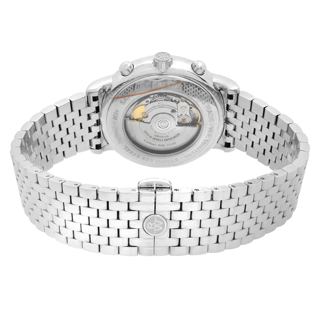 Back View Of Exhibition Back Case And Closed Stainless Steel Band Of RAYMOND WEIL 4830-ST-05659 Watch New Condition