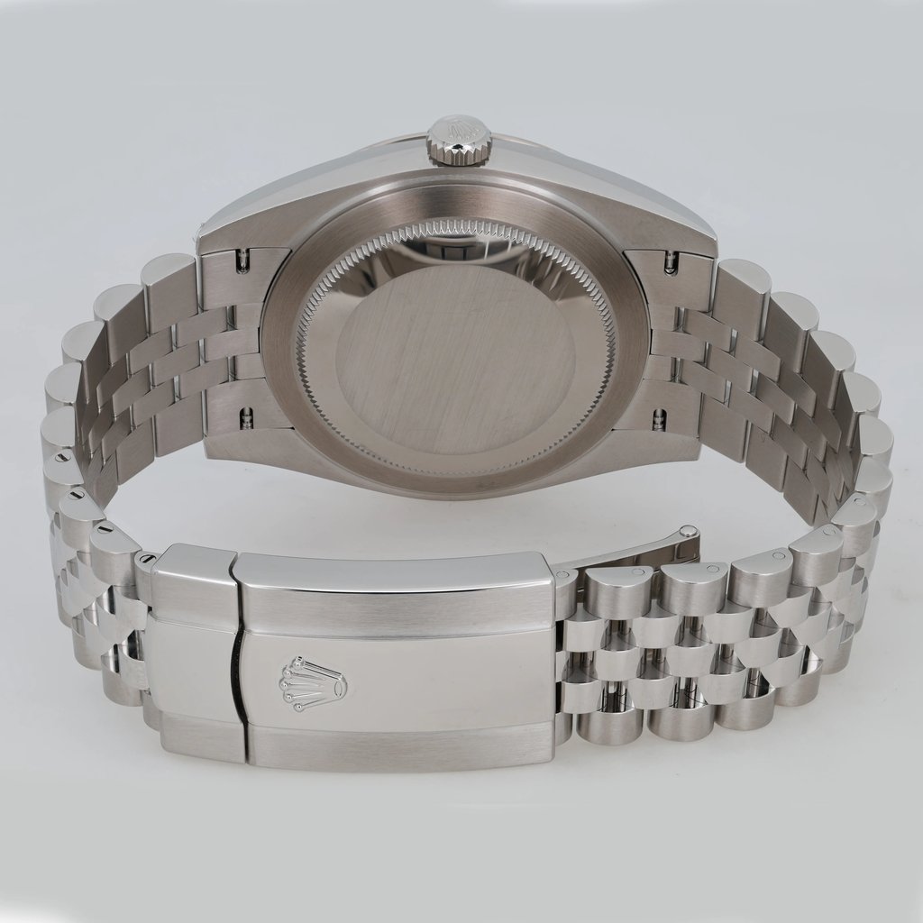 Back View Of Solid Back Case And Closed Stainless Steel Band Of Rolex 126300 Watch Pre Owned Condition