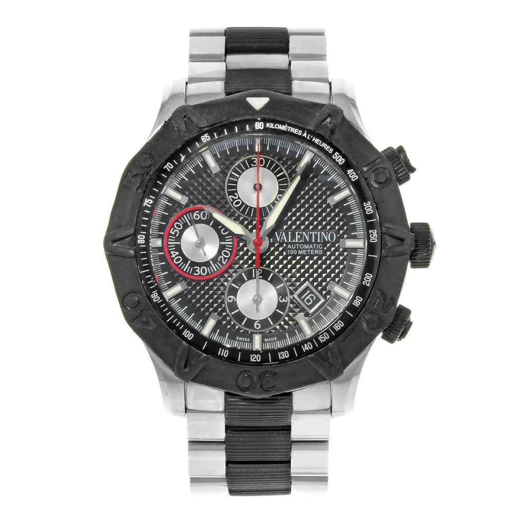 An image of a Wristwatch by Valentino. This Pre Owned item is designed for Men, featuring a Sport style. It has a Mechanical (Automatic) movement and an Analog display with a Black dial color. The indices include 12-Hour Dial,Non-Numeric Hour Marks,Stick Indexes. The band is made of Stainless Steel & Rubber and the case is made of Stainless Steel. The watch has a Round shape with a case size of 45 mm and a case thickness of 17 mm.
