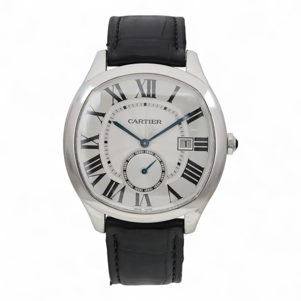 An image of a pre-owned men's Cartier Drive de Cartier Steel Silver Dial Automatic Watch , viewed from the front at a straight angle. The watch features a silver dial with Roman numerals and a date indicator. It has blue hour and minute hands, along with a sub-dial. The watch is set in a polished metal case and is attached to a black leather strap. The image is taken from a close distance, showcasing the detailed design of the watch face.