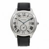 An image of a pre-owned men's Cartier Drive de Cartier Steel Silver Dial Automatic Watch , viewed from the front at a straight angle. The watch features a silver dial with Roman numerals and a date indicator. It has blue hour and minute hands, along with a sub-dial. The watch is set in a polished metal case and is attached to a black leather strap. The image is taken from a close distance, showcasing the detailed design of the watch face.