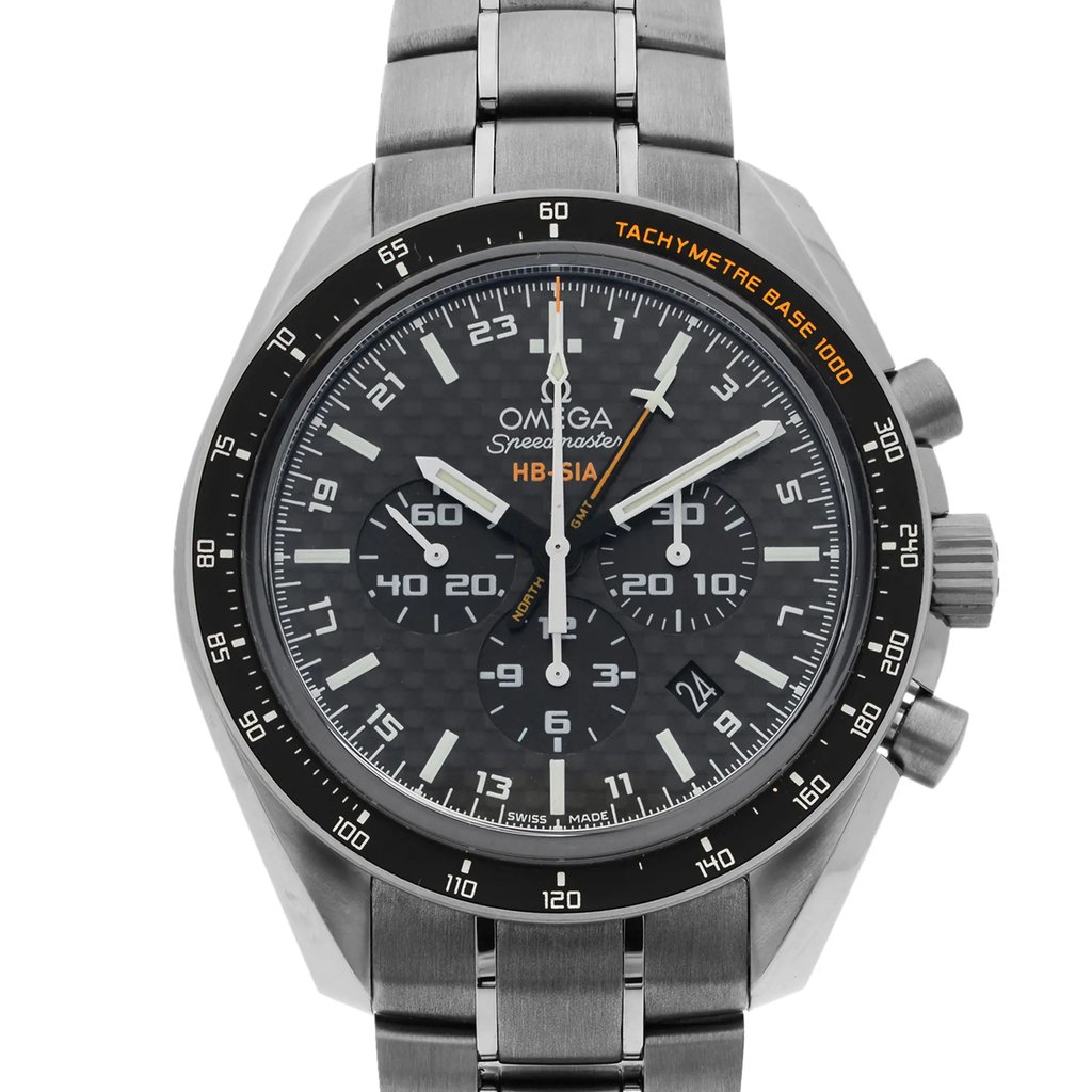 Up Close Front Facing Picture Of OMEGA 321.90.44.52.01.001 Titanium Watch New With Defects Condition