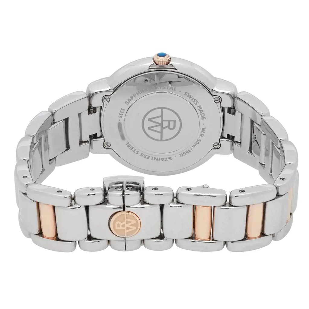 An image of a Wristwatch by RAYMOND WEIL. This Pre Owned item is designed for Women, featuring a Dress/Formal style. It has a Quartz movement and an Analog display with a Silver dial color. The indices include 12-Hour Dial,Roman Numerals. The band is made of Stainless Steel and the case is made of Stainless Steel. The watch has a Round shape with a case size of 35 mm and a case thickness of 8 mm.