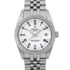 An image of a pre-owned Rolex wristwatch, positioned upright and viewed from a slightly elevated angle. The watch features a stainless steel band and a white dial with black Roman numerals. Luminous hands are visible, and a date indicator is prominently displayed at the 3 o'clock position. The photograph is taken at a close distance, capturing the intricate details of the watch face and bezel.