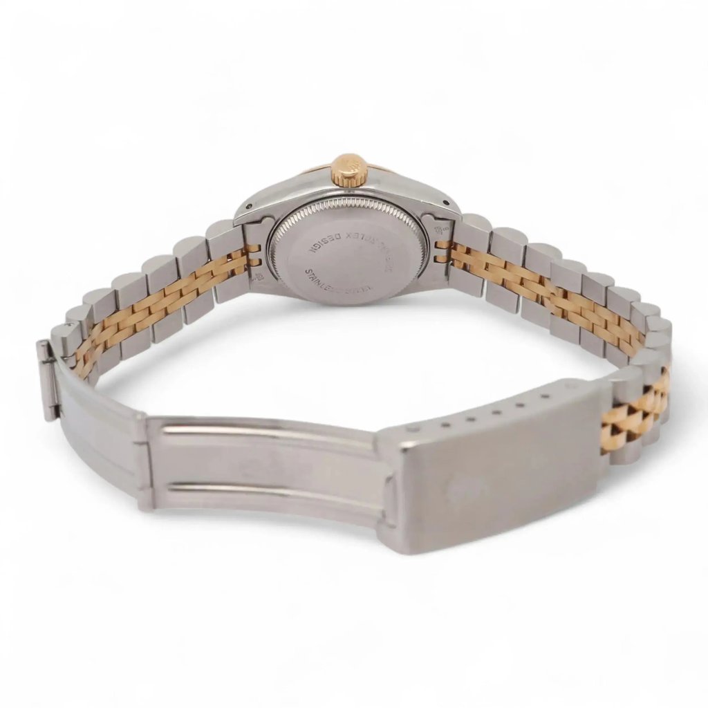 Back View Of Screwback Back Case And Open Stainless Steel,Yellow Gold Band Of Rolex 69173 Watch Pre Owned Condition
