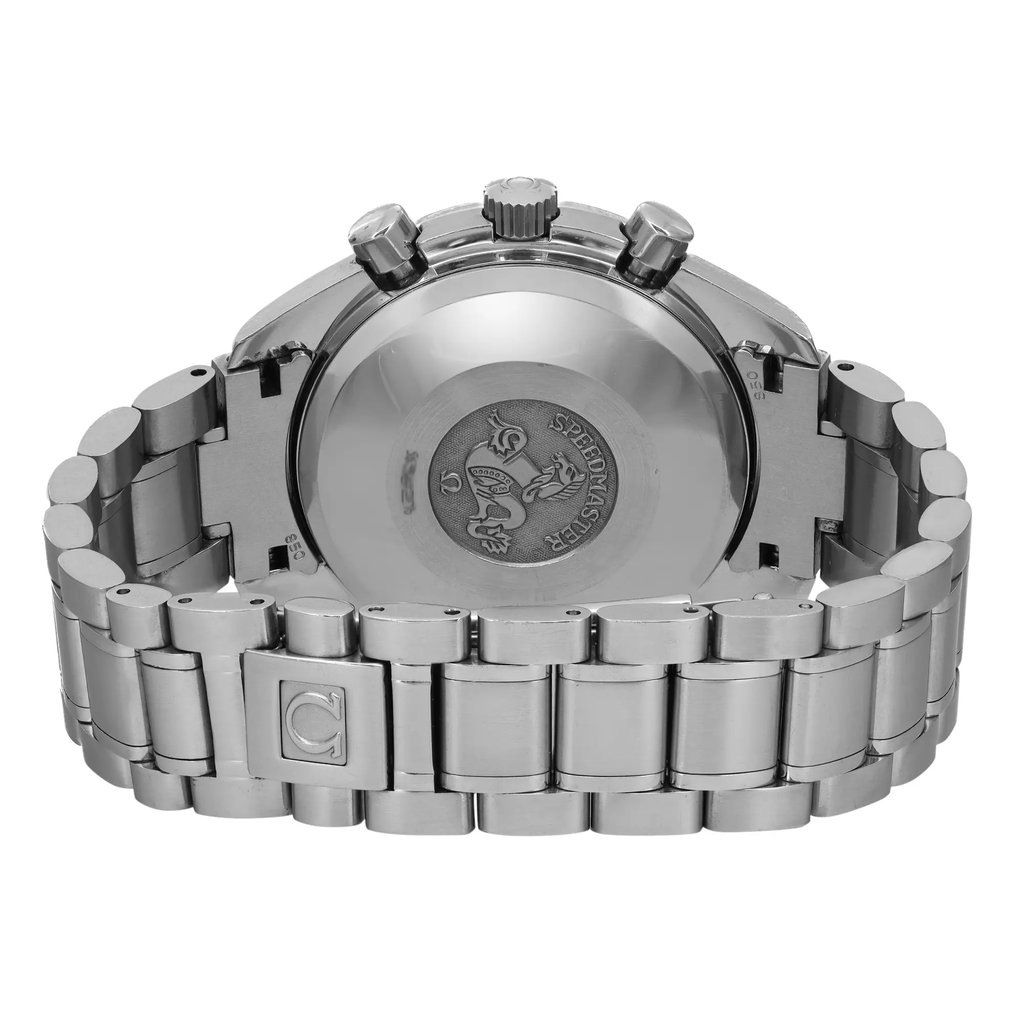 An image of a pre-owned wristwatch captured from the back view, focusing on the closed clasp. The watch features a metallic bracelet with a visible brand logo engraved on the clasp. The back case showcases intricate engravings, and the image is taken from a close distance, highlighting the details of the clasp and back case design.