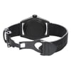 An image of a wristwatch taken from the back view, showcasing the open clasp. The watch is positioned centrally, with the focus on the circular back case and the open metal clasp beneath it. The angle provides a clear view of the textured black strap and the clasp mechanism. The image appears to be captured at a close distance, highlighting the watch's details and condition as a display model.