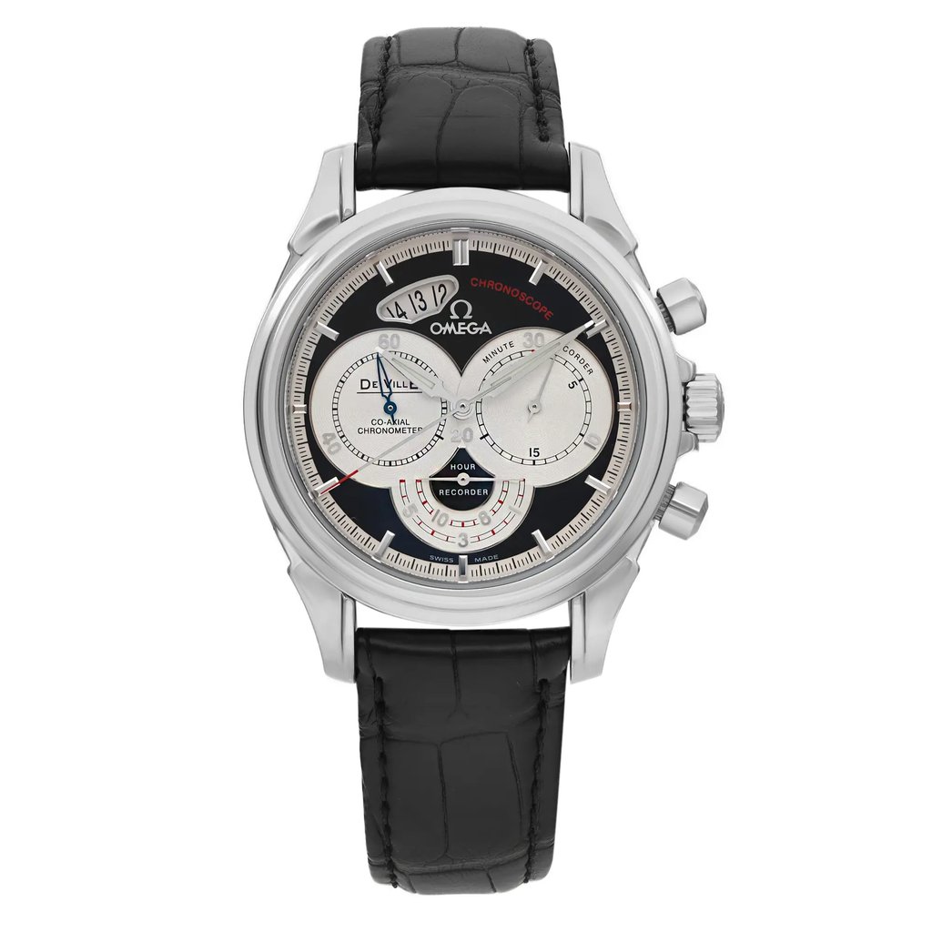 An image of a pre-owned OMEGA men's wristwatch in excellent condition, presented in a front full frontal view. The watch features a round stainless steel case with a gray stainless steel bezel and a black leather band. It has a black dial with stick indexes, a 12-hour dial, and a seconds hand. Additional features include a Chronoscope, date indicator, luminous hands, and a small seconds subdial. The watch is positioned centrally and is shown from a straight-on angle with a close-up distance, allowing clear visibility of the details.